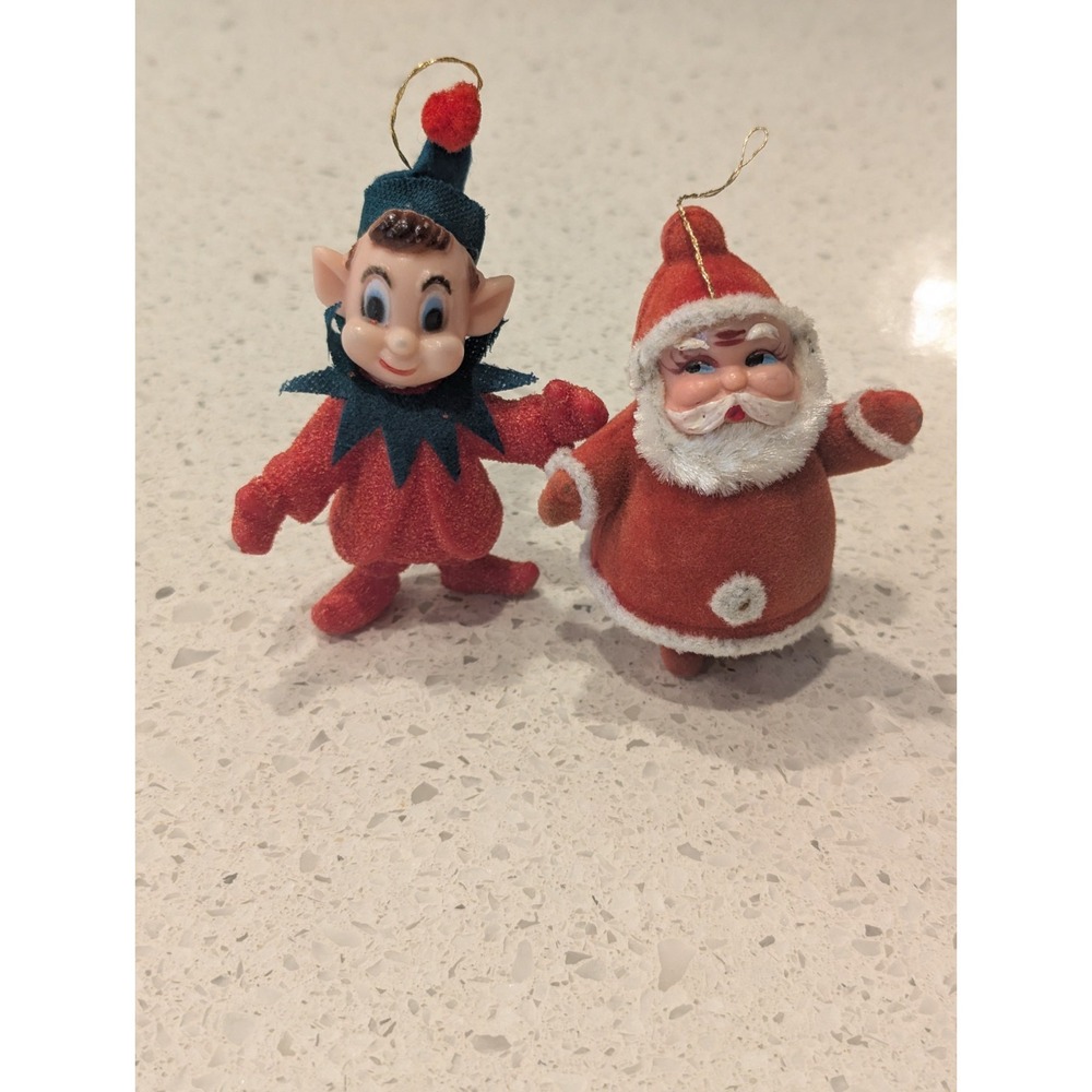 Vintage MCM Flocked Santa & Elf Plastic Christmas Ornaments
